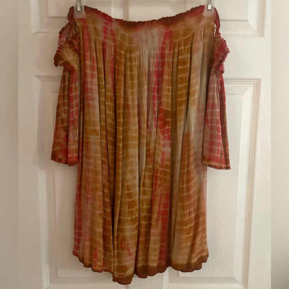 Mora Girls Boutique Off the Shoulder Pink Orange Brown Tie Dye Mini Dress Tunic - Picture 1 of 2